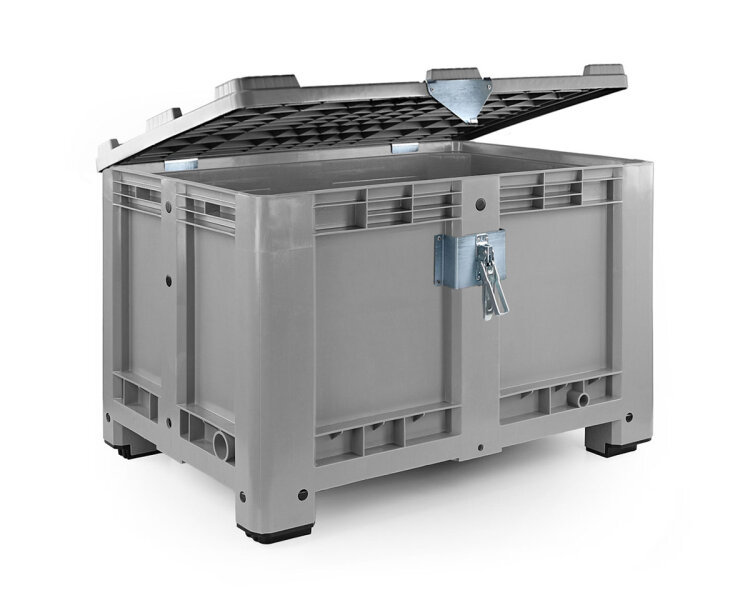 Palettenbox mit Scharnierdeckel (abschließbar) 1200x800x760 mm 4 Füße grauer Deckel